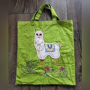 Handmade Green Llama Embroidered Bag. 50% Linen 50% Cotton
